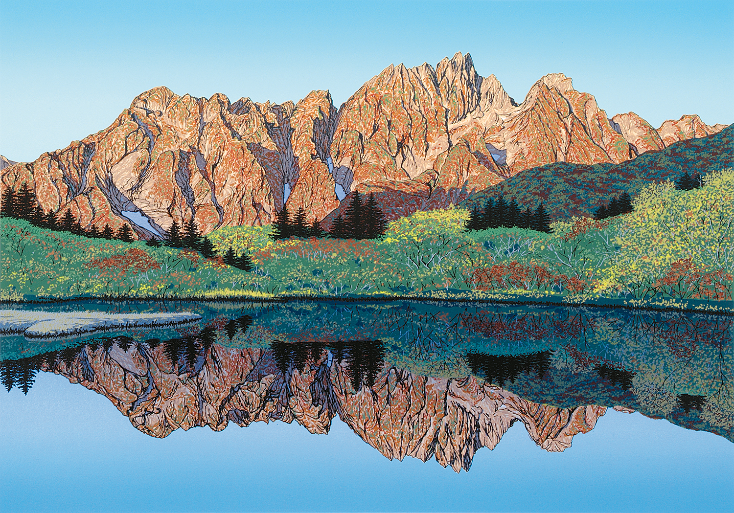 仙人池に映る秋麗剱岳 - 版画家 小暮真望