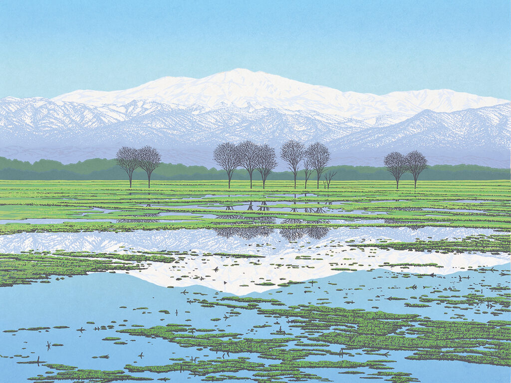 墨彩画です。題名は早春の山里と山村暮色です。サイズはA4です。額無しです。 440_訪春-白山_D800-1024x767.jpg