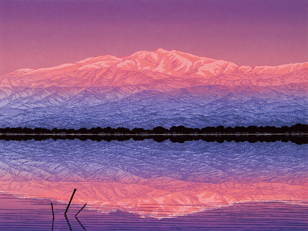 夕映えの白山 - 版画家 小暮真望