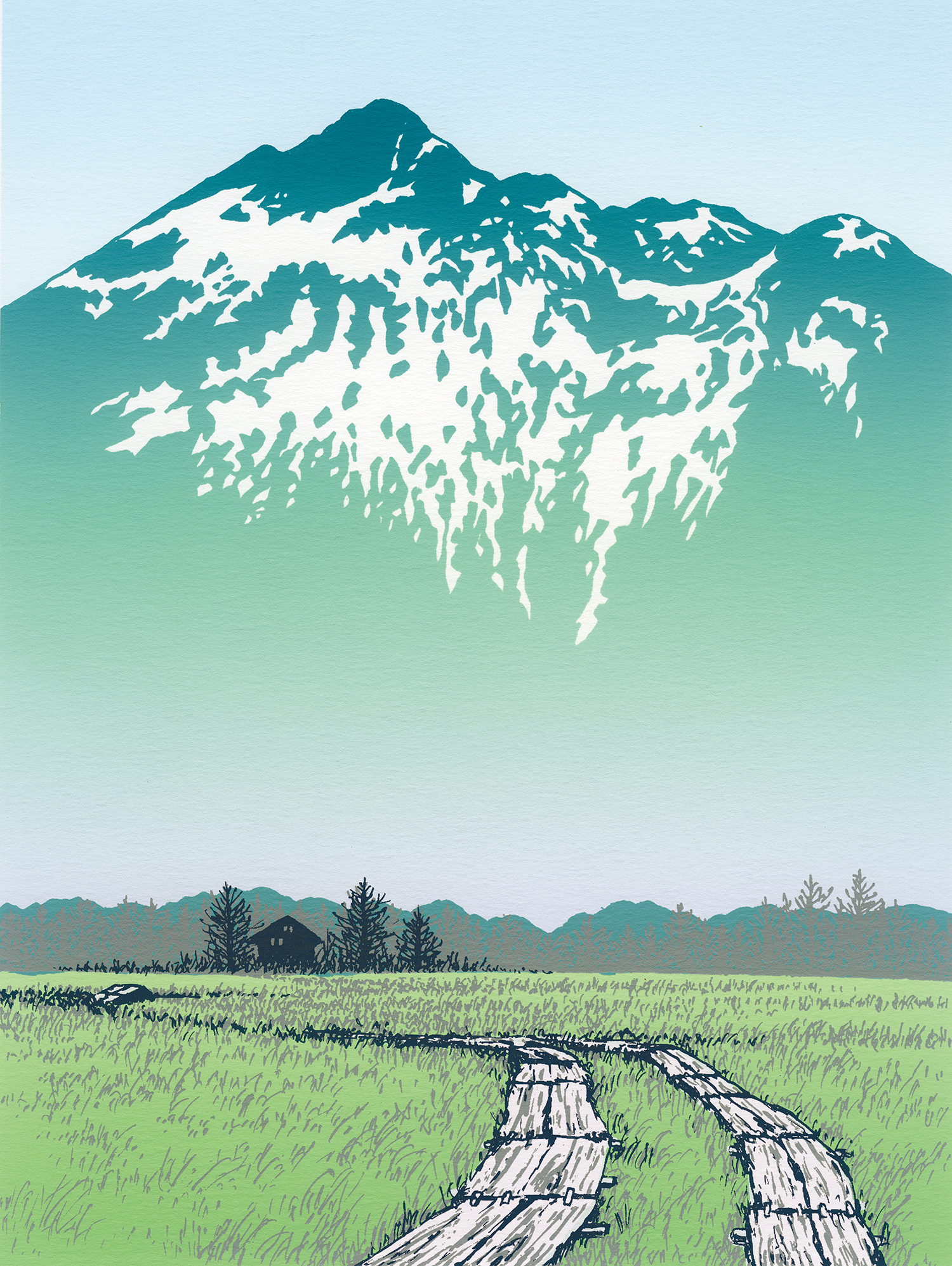 油彩画 矢ヶ部昭彦氏 作『残雪と南部曲がりの家』 SMサイズ 油彩画 矢